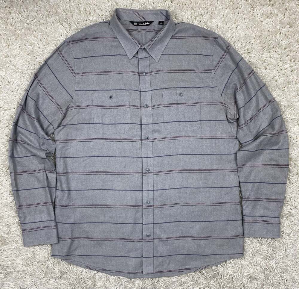 Travis Mathew Button Up Shirt Mens Large Gray Stripe Flannel Long Sleeve Cotton